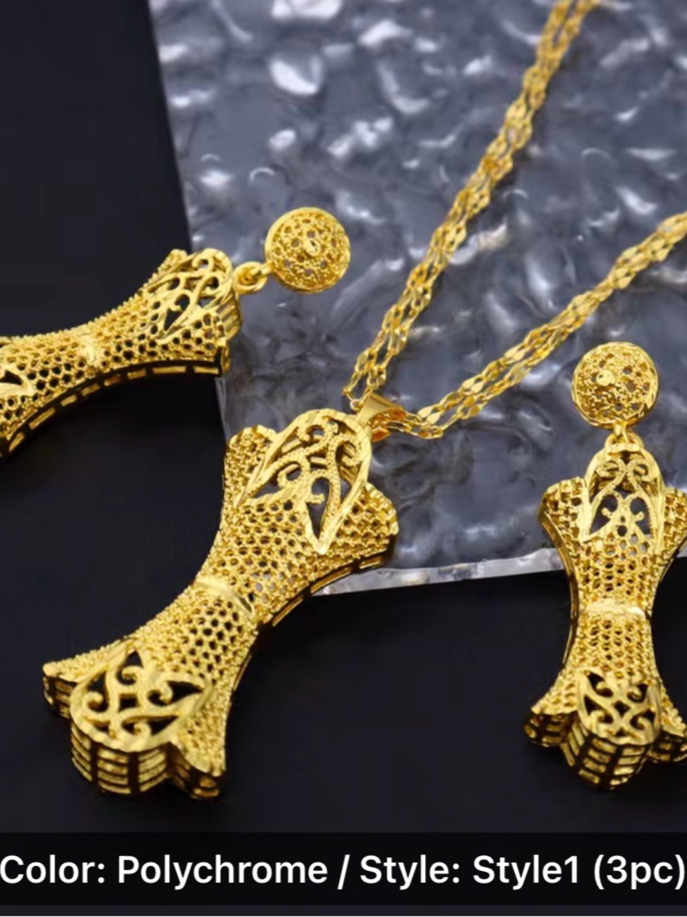 Set of 3 pcs 24K Gold plated Filigree Women's Necklace and Earring Set
